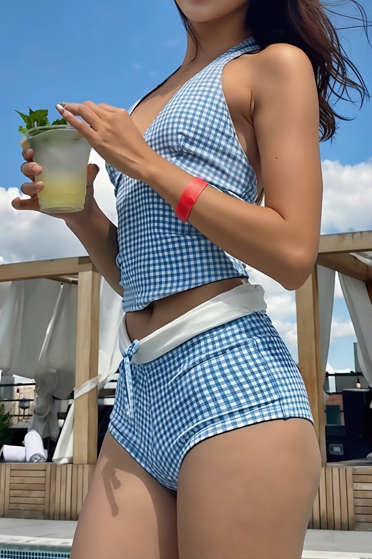 Pharıssa Contrast Plaid Halter Two Piece Swim Set