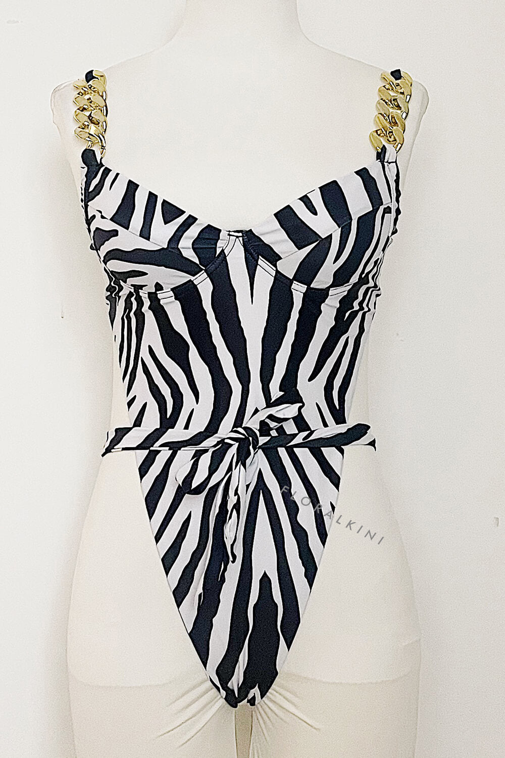 Pharıssa Zebra Print Underwire Wrap Around Gold Chain One Piece Swimsuit