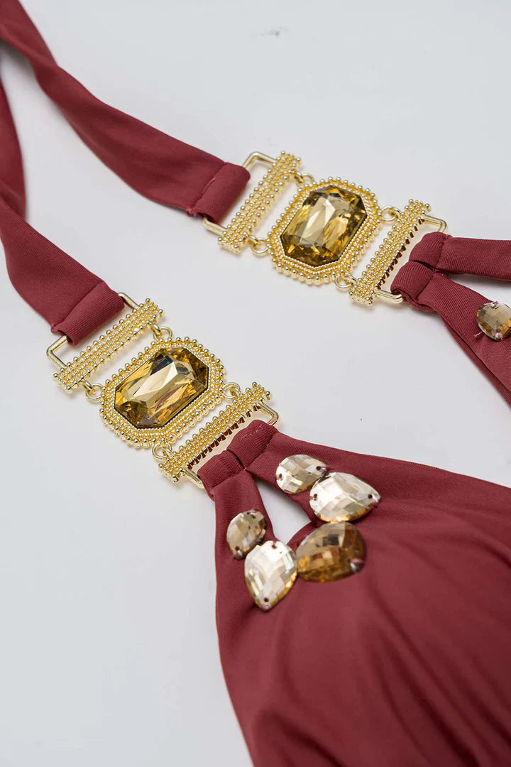 Pharıssa Bordo Gold Taşlı Bikini Takımı