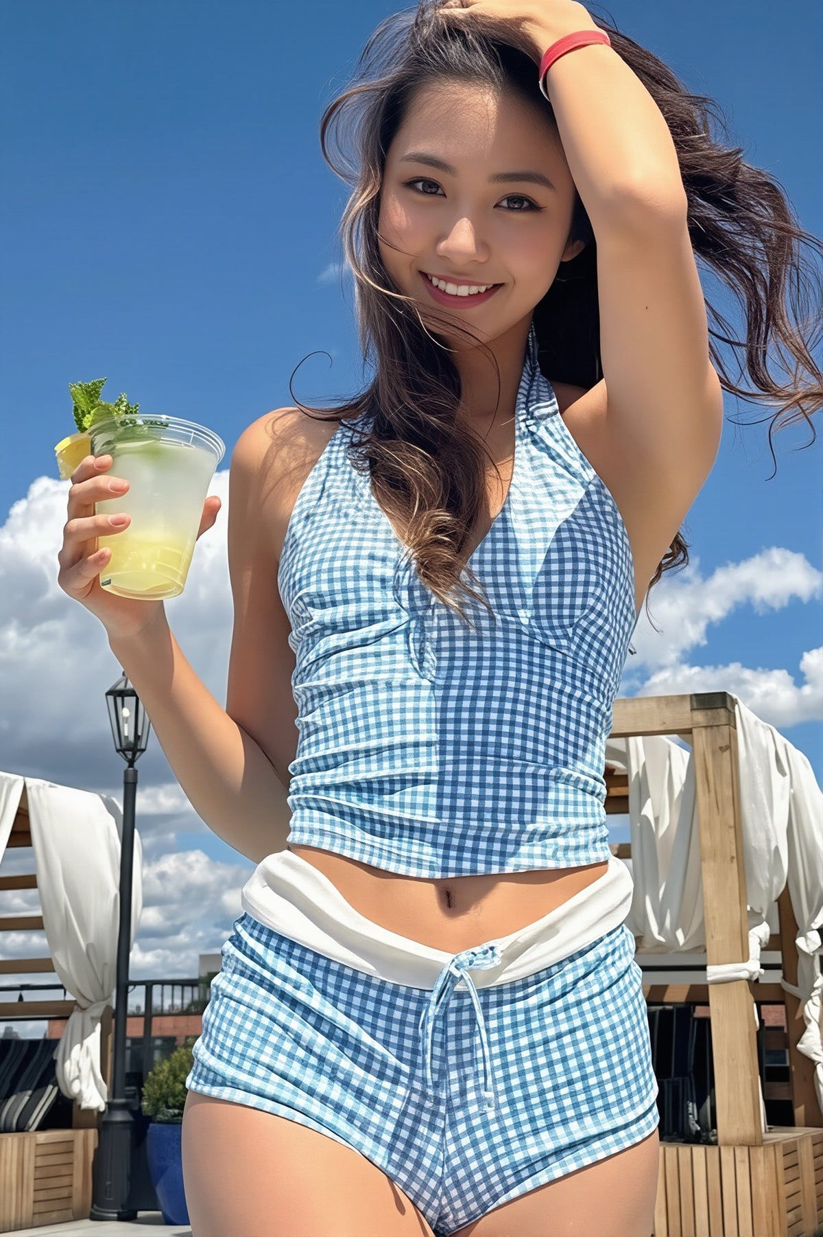 Pharıssa Contrast Plaid Halter Two Piece Swim Set