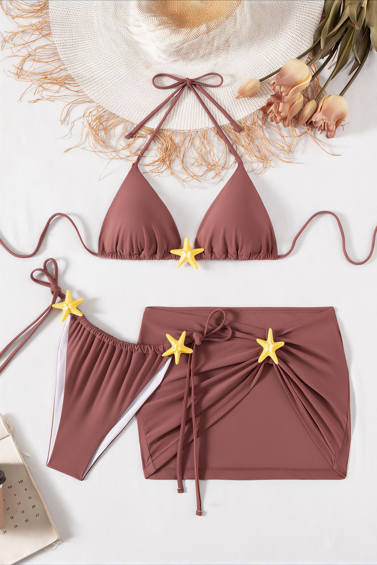 Pharıssa Chic Starfish Embroidery Mauve Beach Three Piece Swim Sets