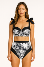 Pharıssa Siyah Beyaz Çiçekli Bikini & Pareo Takımı