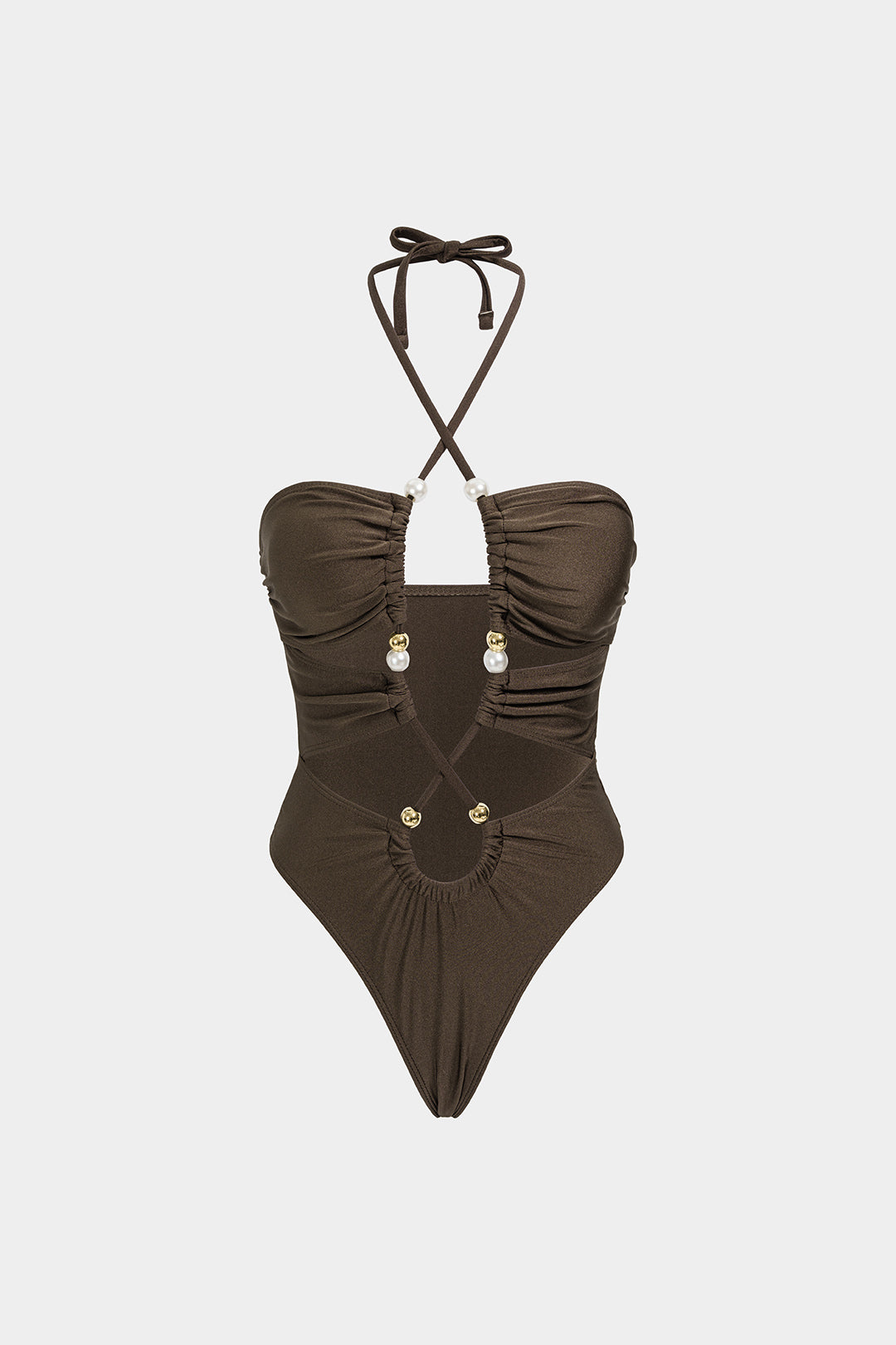 Pharıssa Crossed Halter Neck Beaded Cut Out Swimsuit