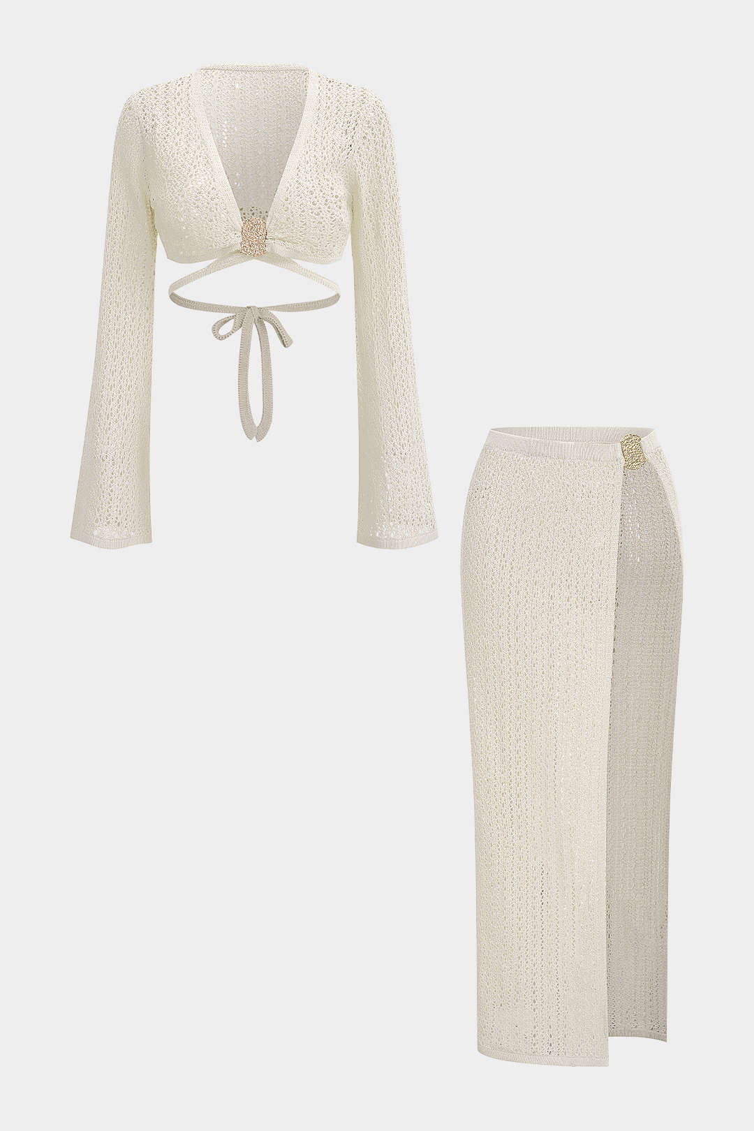 Pharıssa Knit Metallic Long Sleeve Tie-Up Split Cover Up