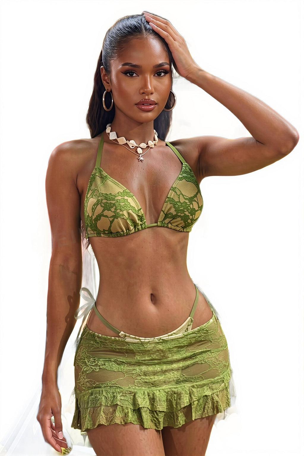 Pharıssa Yeşil Dantelli Bikini & Örtü Takımı