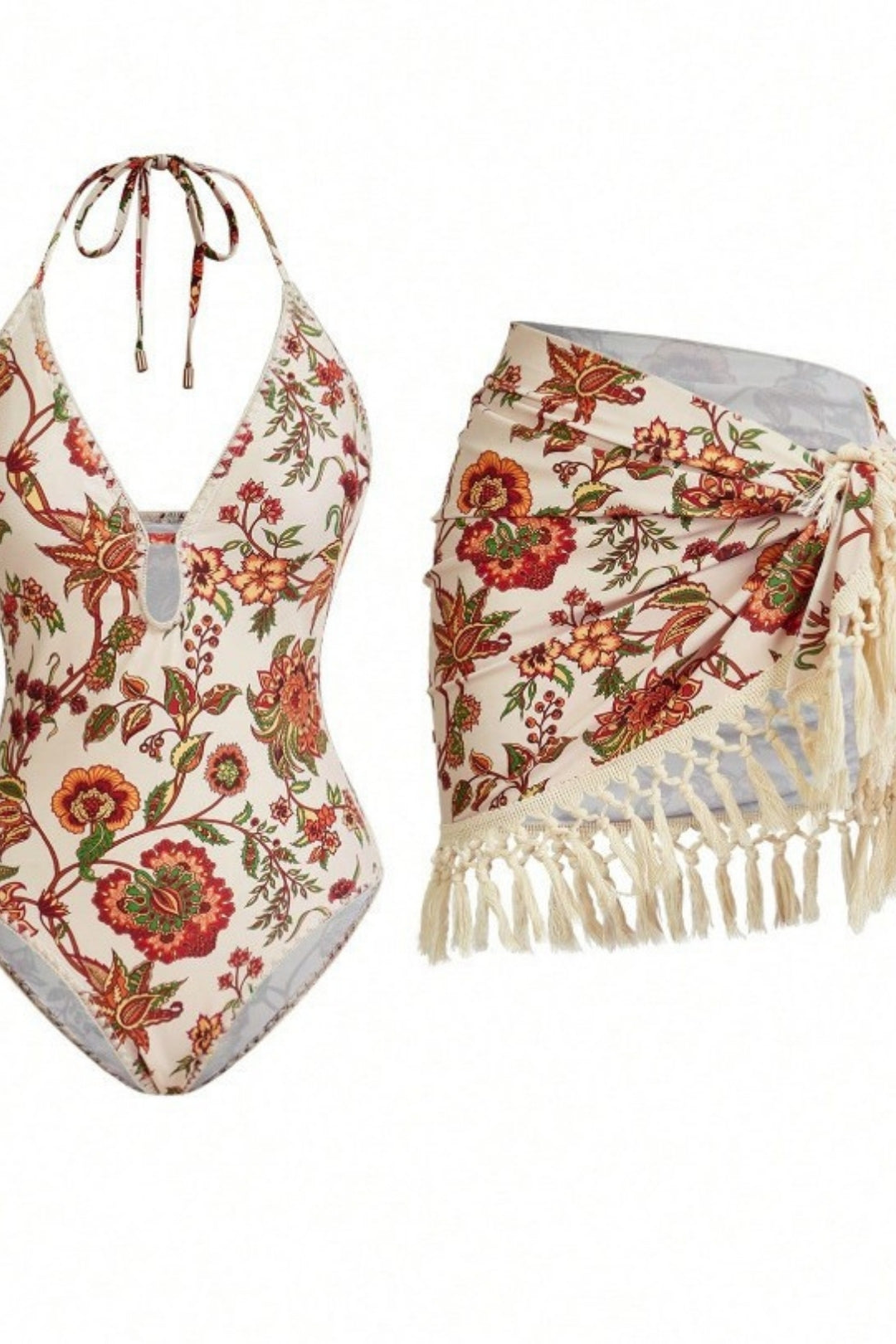 Pharıssa Floral Print V-Neck Fringe Bikini Set