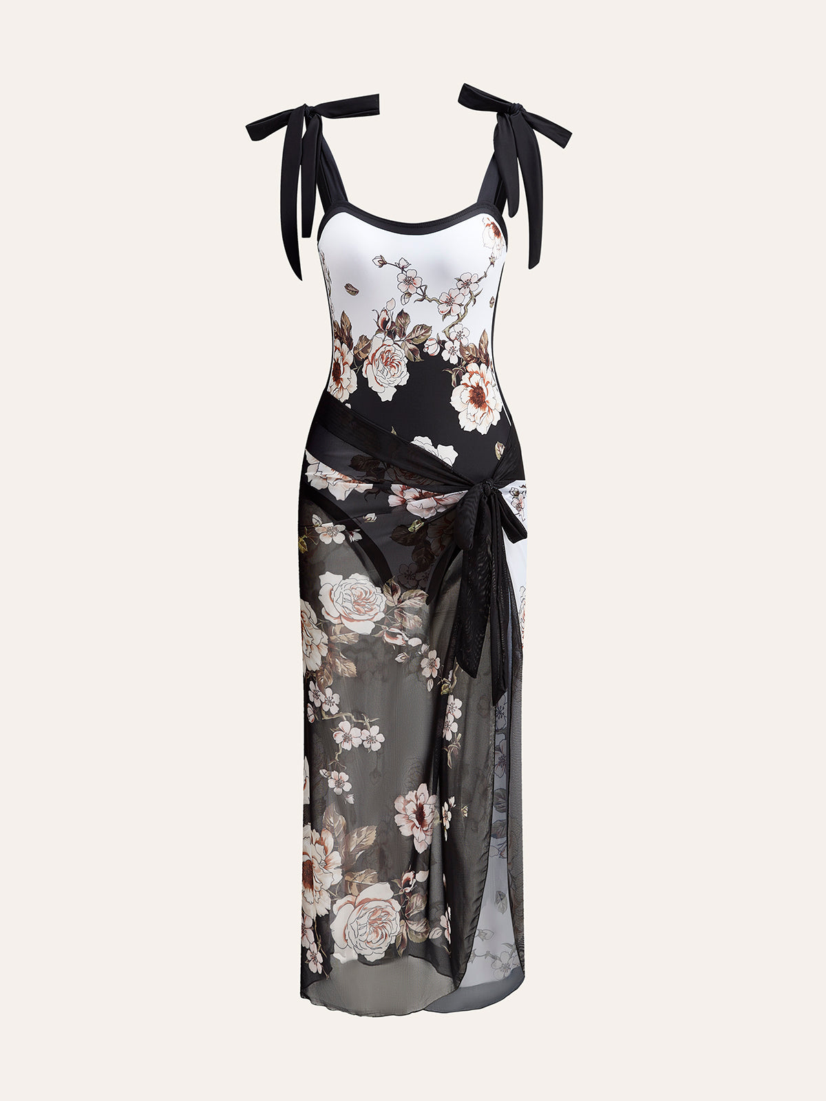 Pharıssa Floral Tie-Shoulder One-Piece Mayo & Pareo Takım