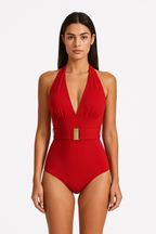 Pharıssa Kırmızı Gold Kemerli Halter Mayo