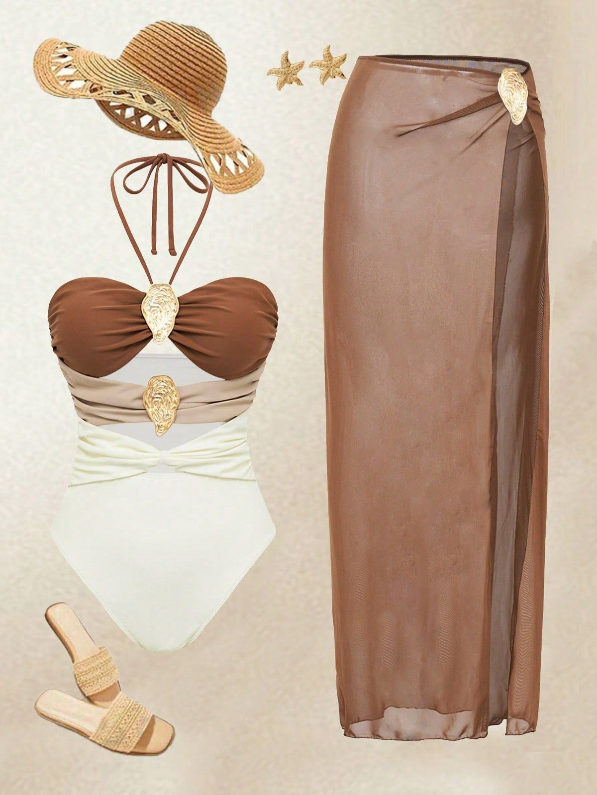 Pharıssa Erica Cut Out Swimsuit & Skirt Set