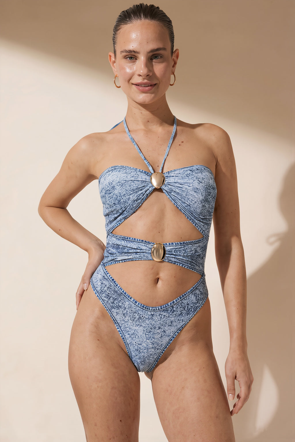 Pharıssa Denim Görünümlü Halter Mayo
