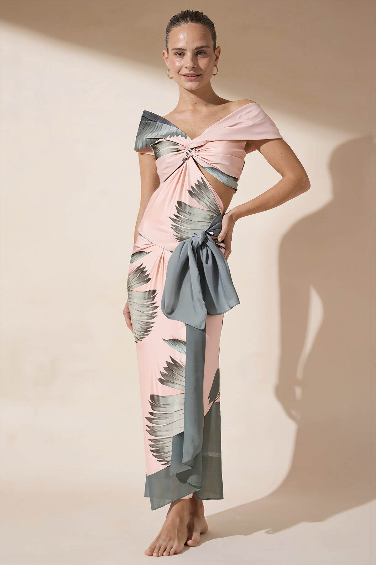 Pharıssa Blush Palm Twist Swimsuit & Pareo Set