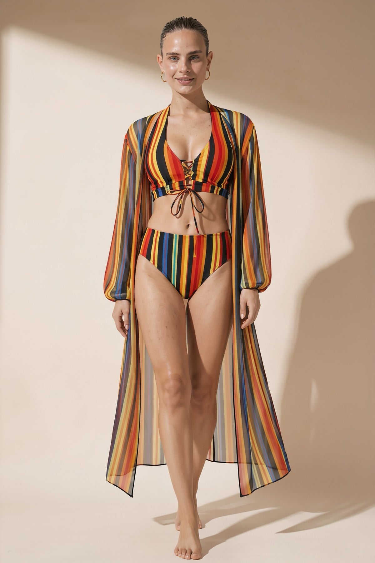 Pharıssa Renkli Çizgili Bikini & Kimono Takımı