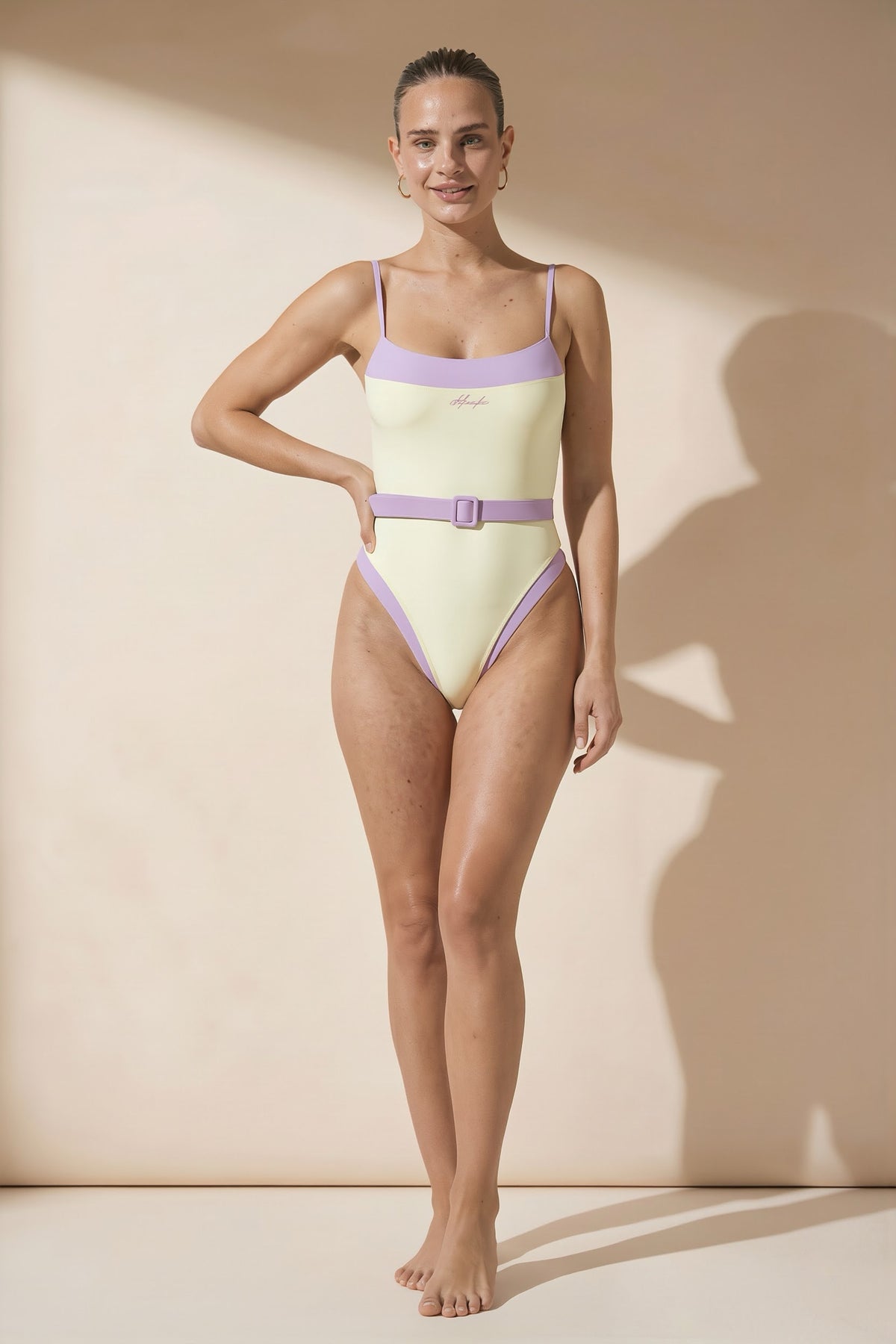 Pharıssa Lilac Color Block Belted One Piece Swimsuit