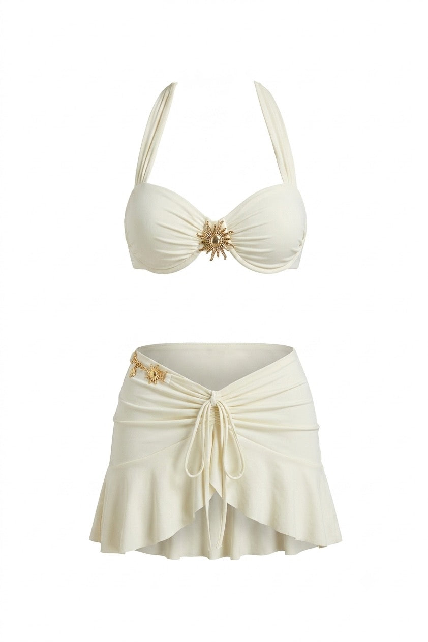 Pharıssa Chic Shiny Nylon Bikini And Skirt Three Piece Swim Sets