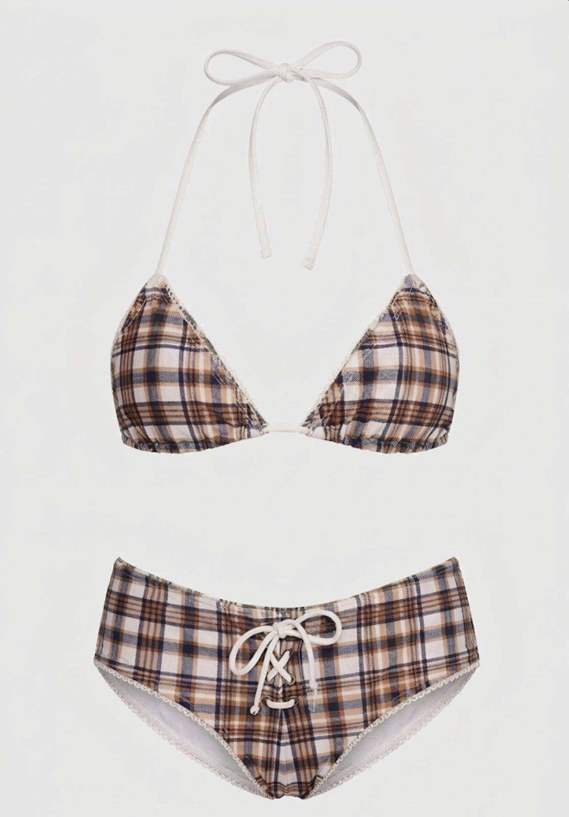 Pharıssa Kahve Ekose Halter Bikini