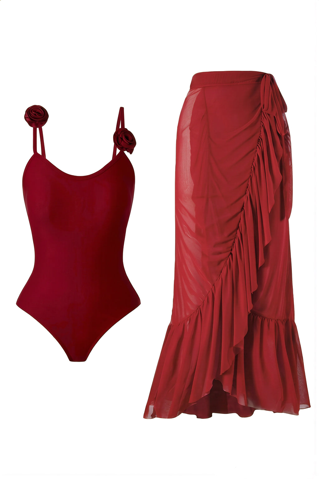 Pharıssa Kırmızı Volanlı Monokini & Etek Takımı