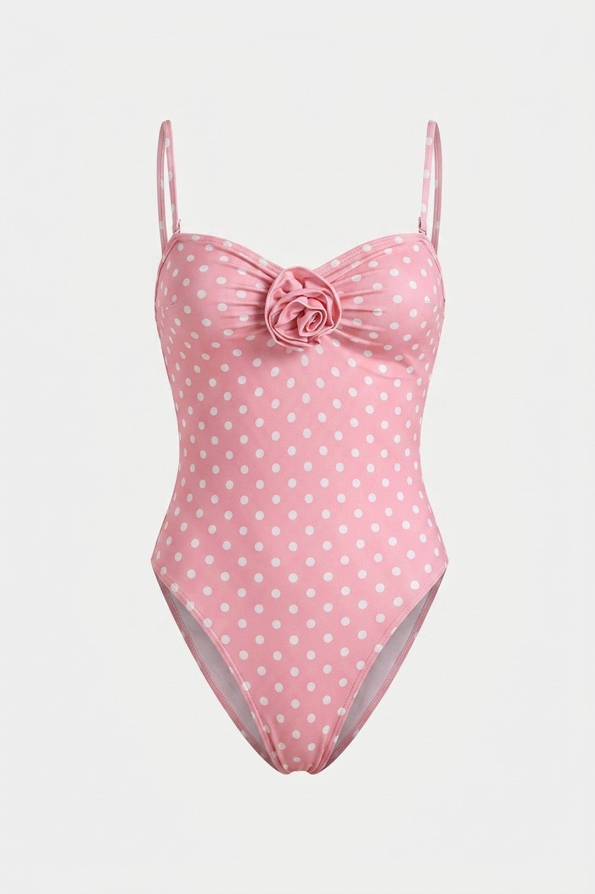 Pharıssa Dot Print 3D Flower Push Up One Piece Swimwear