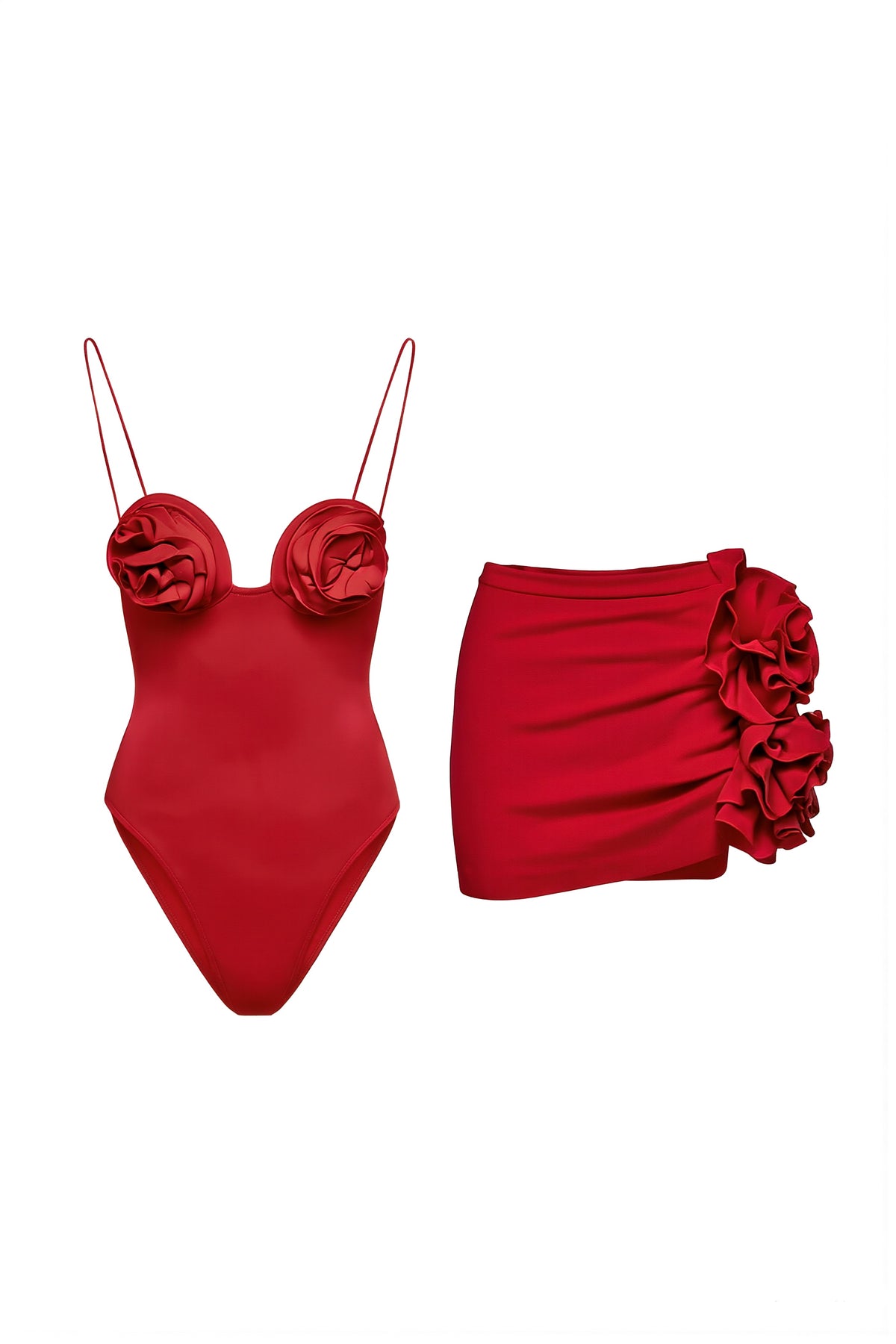 Pharıssa Kırmızı 3D Güllü Monokini & Etek Takımı