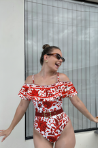 Pharıssa Kırmızı Çiçekli Mayo & Etek Takımı