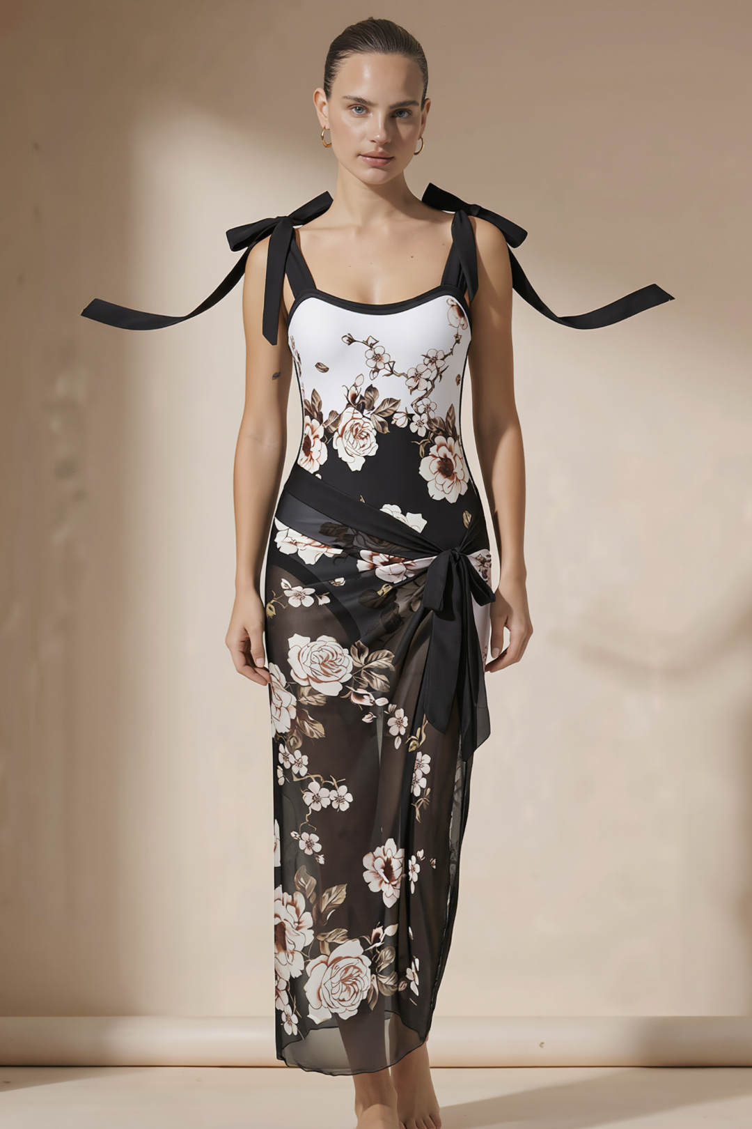 Pharıssa Floral Tie-Shoulder One-Piece Mayo & Pareo Takım