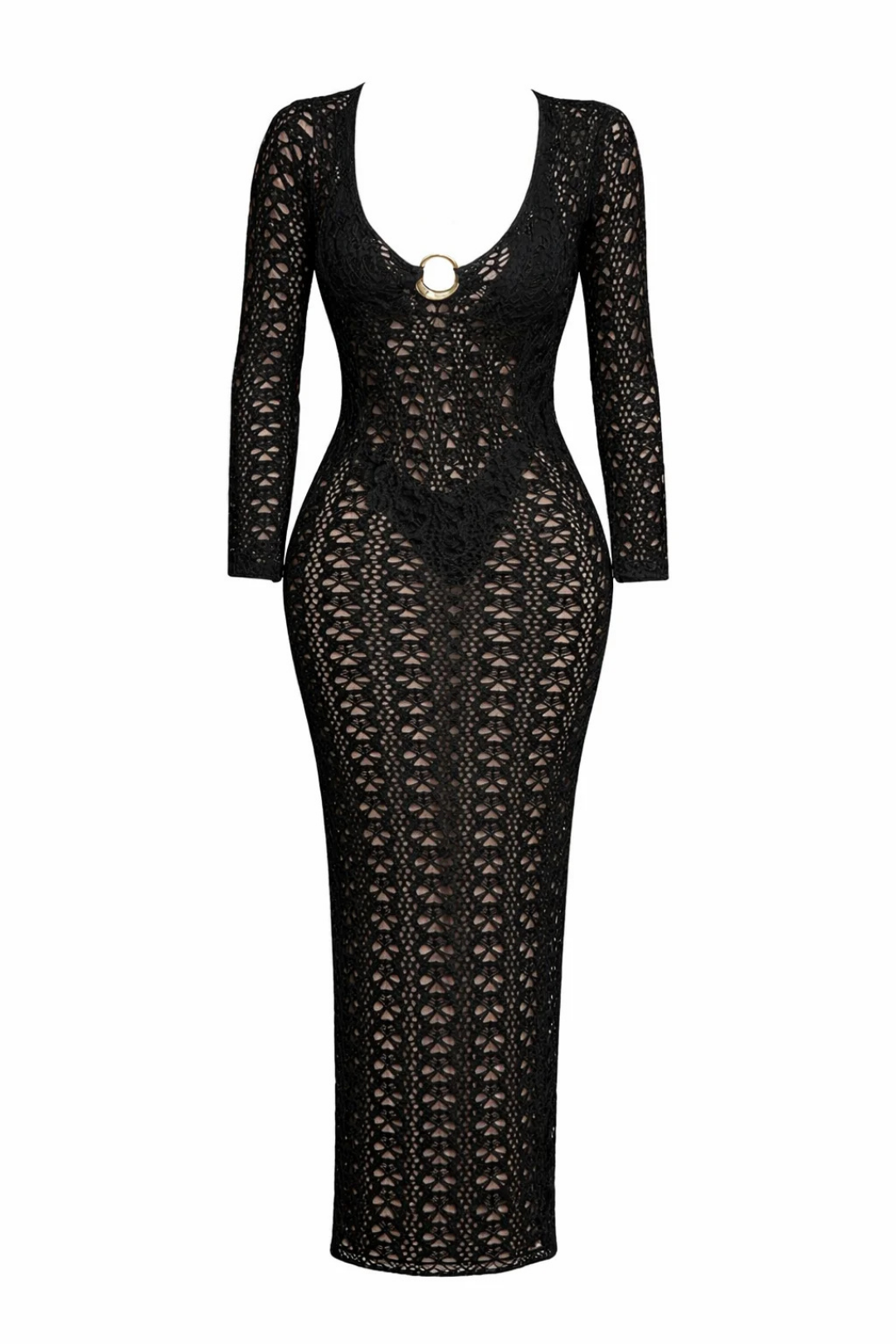 Pharıssa Noir Ring-Detail Crochet Cover-Up Dress