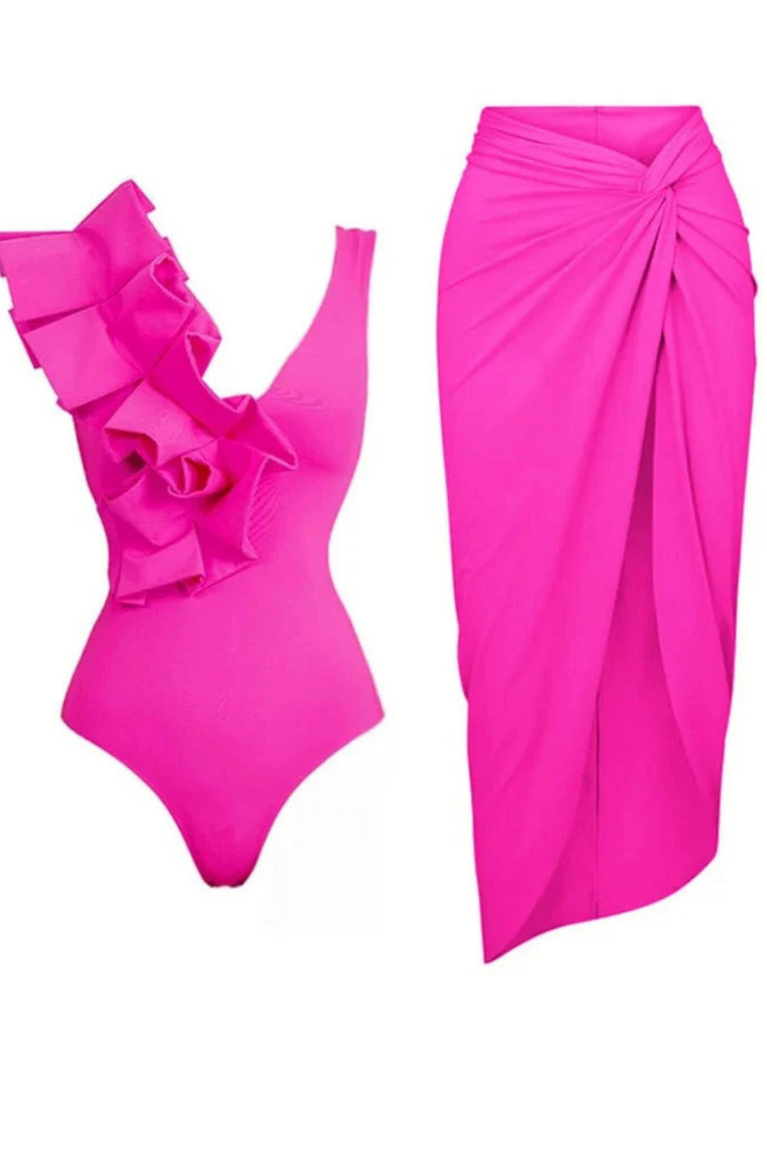 Pharıssa Fuchsia Ruffle Swimsuit & Pareo Set