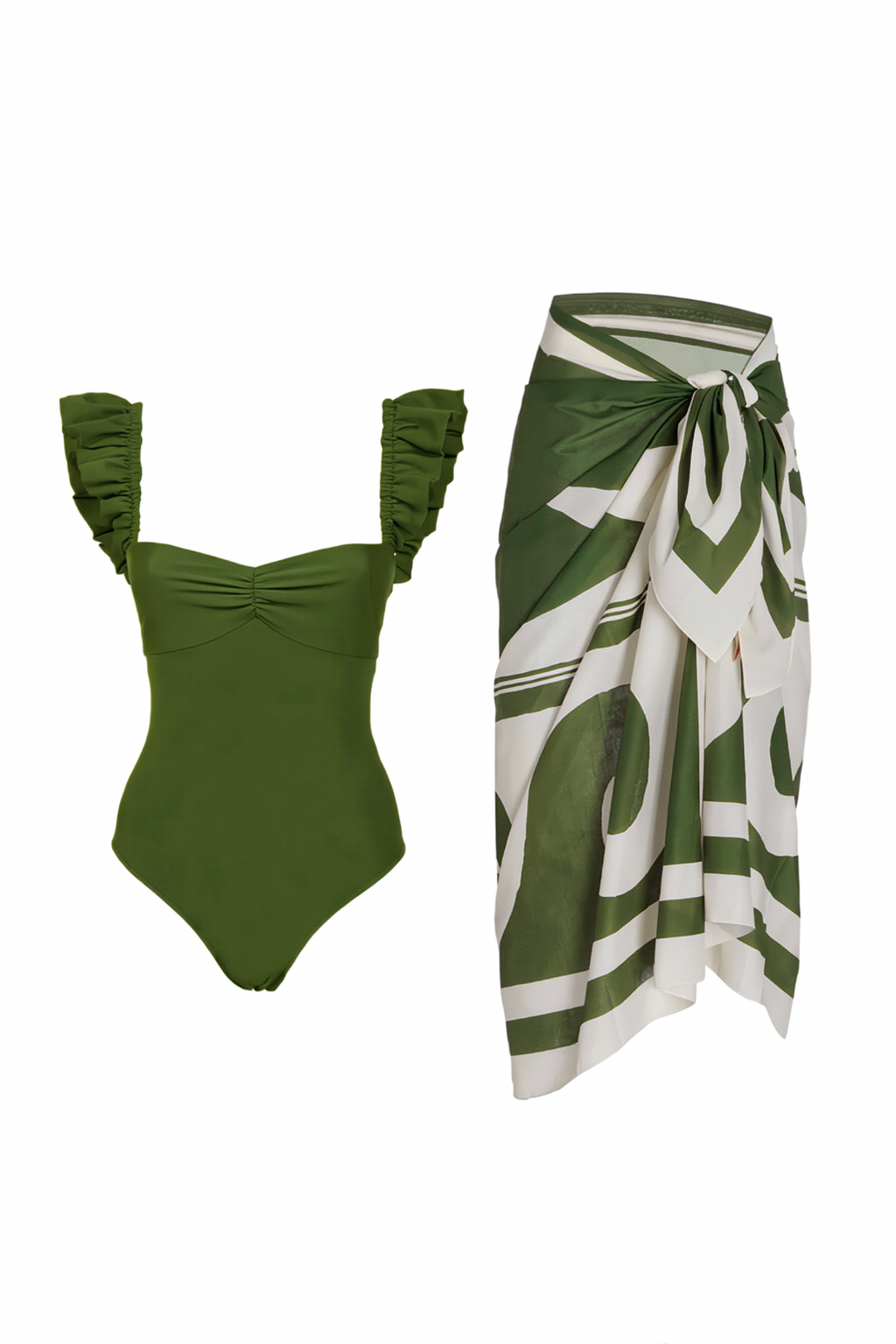 Pharıssa Yeşil Monokini & Desenli Pareo Takımı