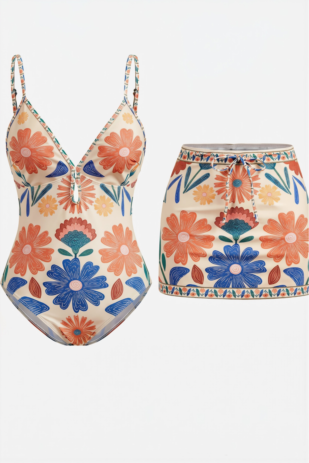 Pharıssa Renkli Çiçekli Monokini & Etek Takımı