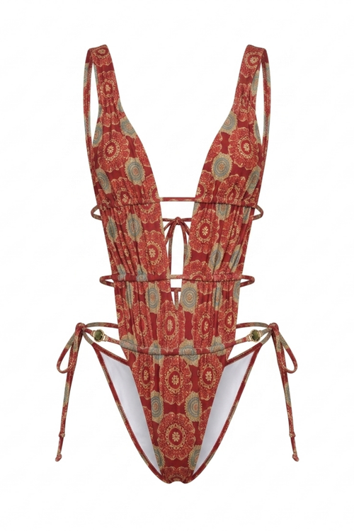 Pharıssa Chic Floral Lace Up Plunge Backless One Piece Swimwear