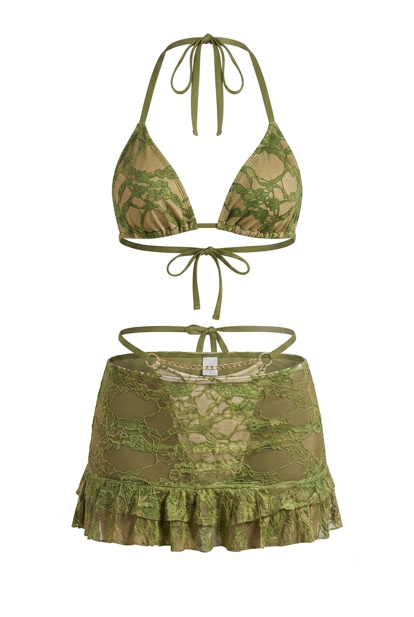 Pharıssa Yeşil Dantelli Bikini & Örtü Takımı