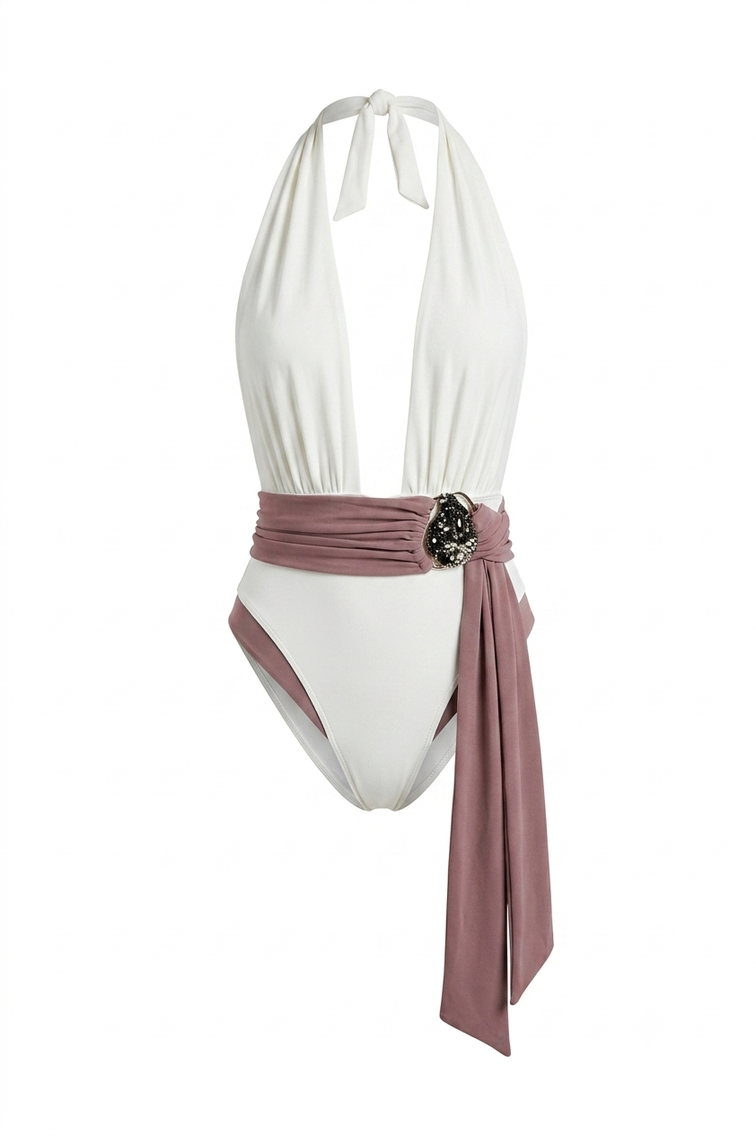 Pharıssa Chic Color Block Halter Lace Up One Piece Swimwear