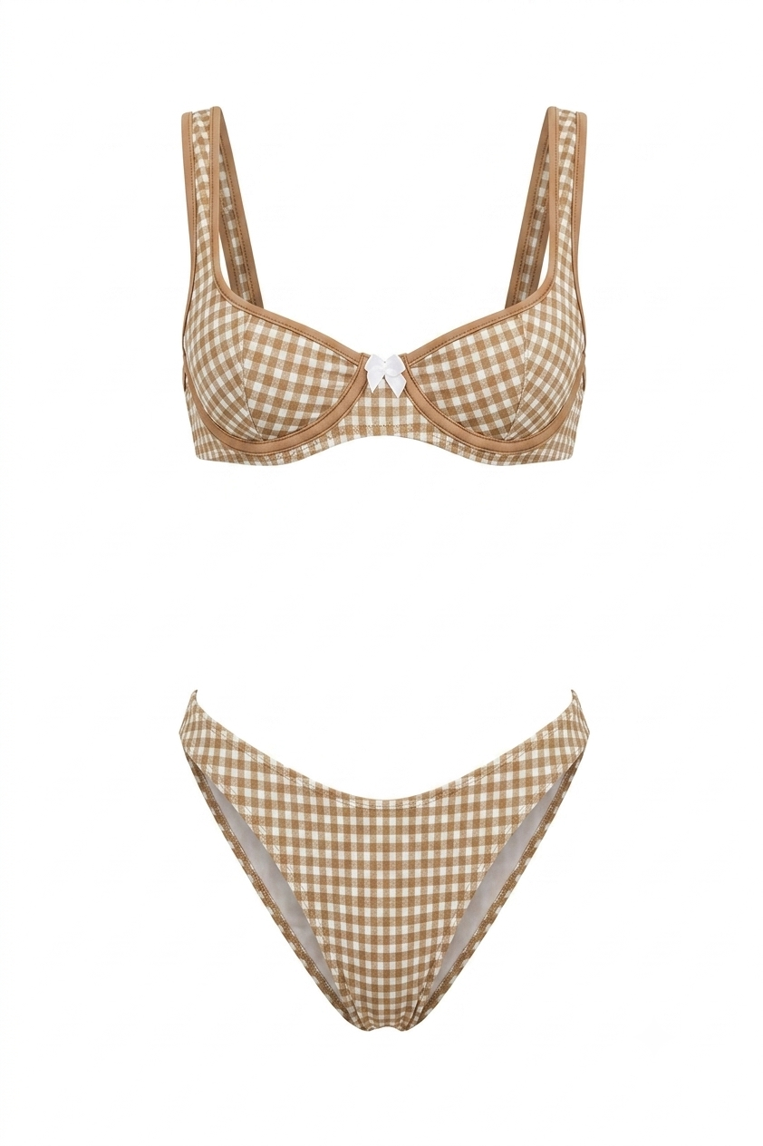 Pharıssa Chic Molded Cup Plaid Halter High Waist Bikini Sets