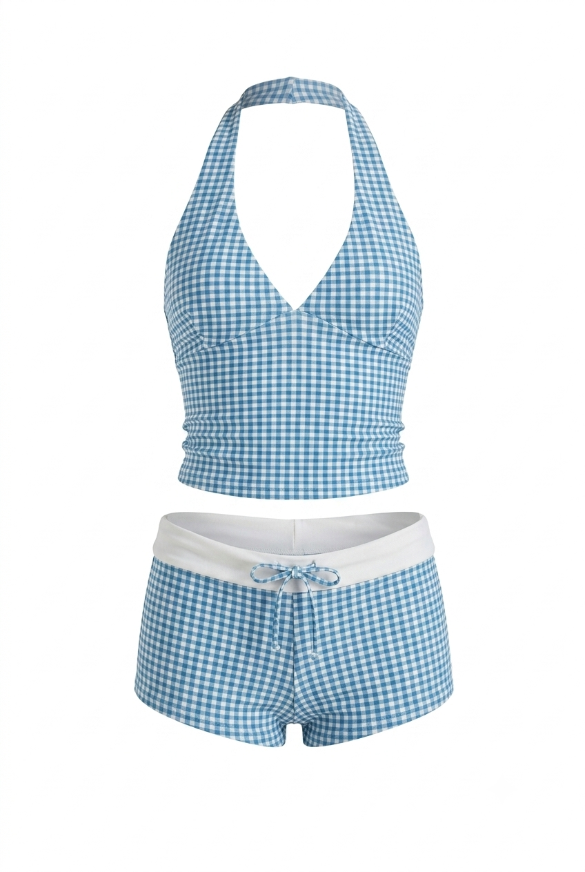 Pharıssa Contrast Plaid Halter Two Piece Swim Set