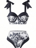 Pharıssa Siyah Beyaz Çiçekli Bikini & Pareo Takımı