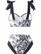 Pharıssa Siyah Beyaz Çiçekli Bikini & Pareo Takımı