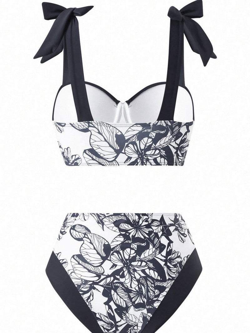 Pharıssa Siyah Beyaz Çiçekli Bikini & Pareo Takımı
