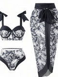 Pharıssa Siyah Beyaz Çiçekli Bikini & Pareo Takımı