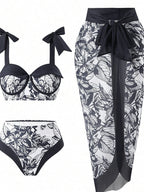 Pharıssa Siyah Beyaz Çiçekli Bikini & Pareo Takımı