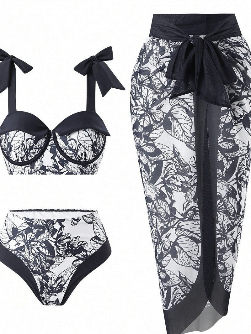 Pharıssa Siyah Beyaz Çiçekli Bikini & Pareo Takımı