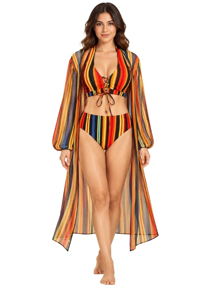 Pharıssa Riviera Çizgili Bikini & Kimono Takımı