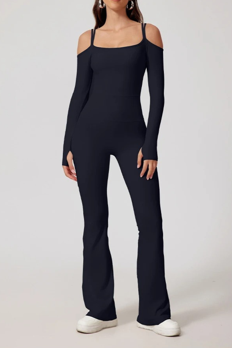 Pharıssa Midnight Off-Shoulder Flare Jumpsuit