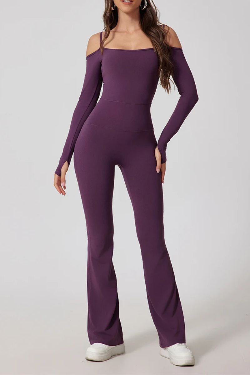 Pharıssa Midnight Off-Shoulder Flare Jumpsuit