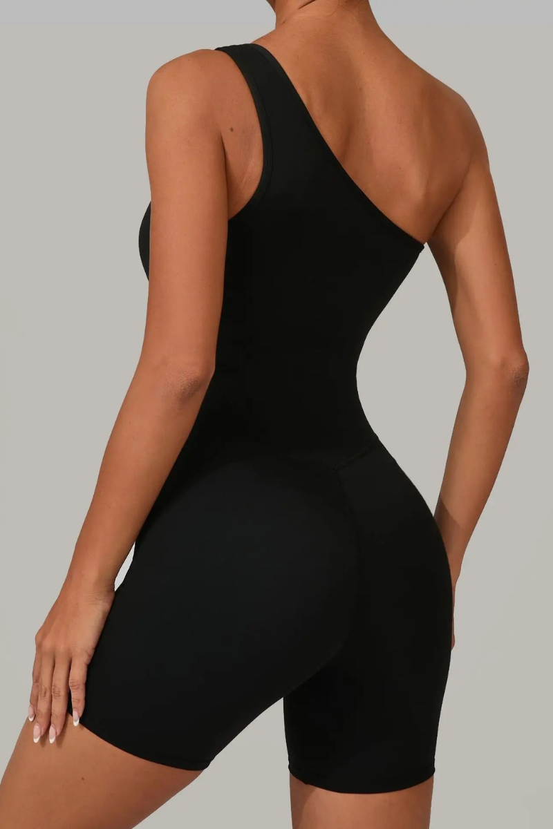 Pharıssa Graphite One-Shoulder Sculpt Romper