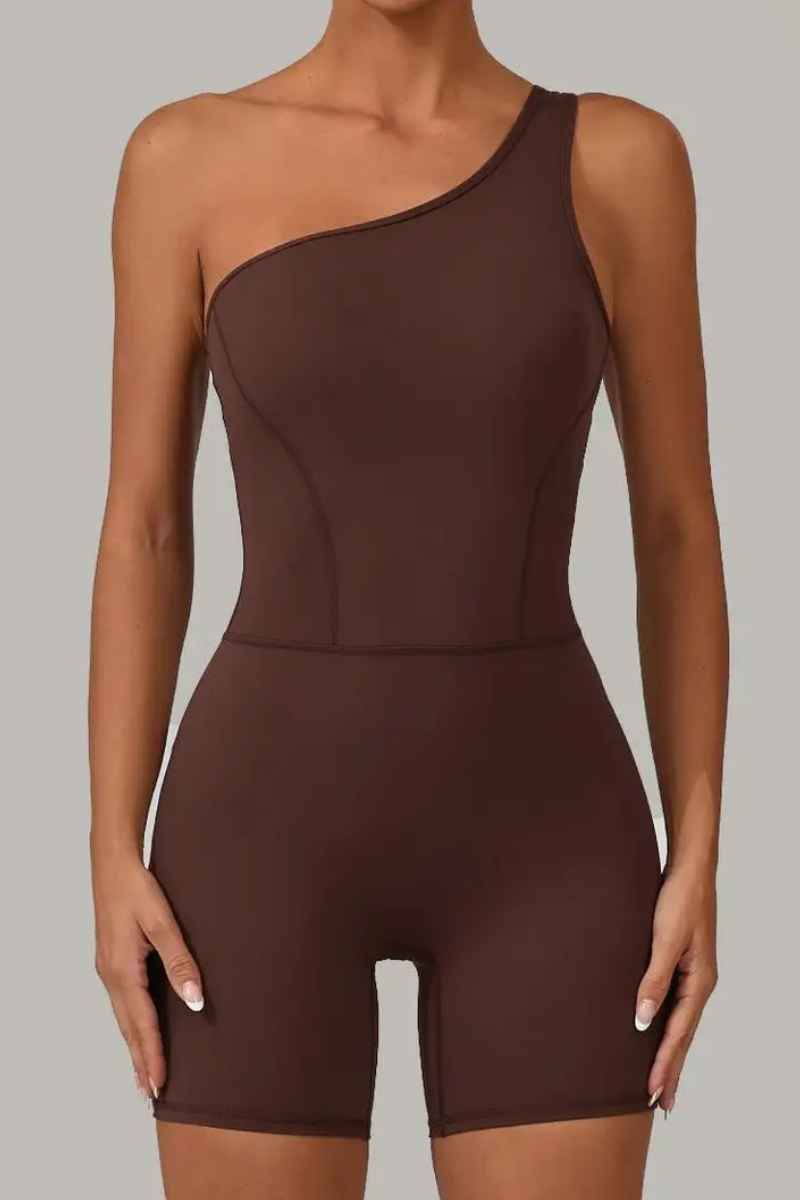 Pharıssa Graphite One-Shoulder Sculpt Romper