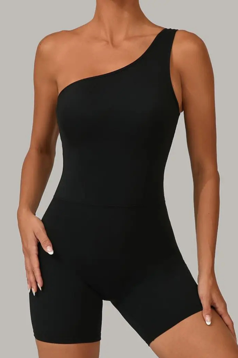 Pharıssa Graphite One-Shoulder Sculpt Romper