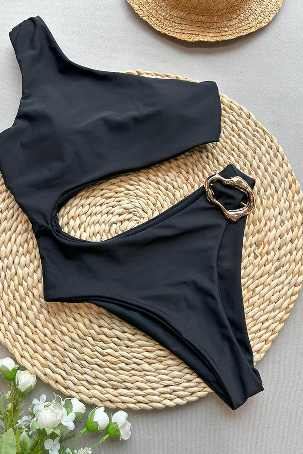 Pharıssa Cut Out One Shoulder Metallic Hardware Swimsuit