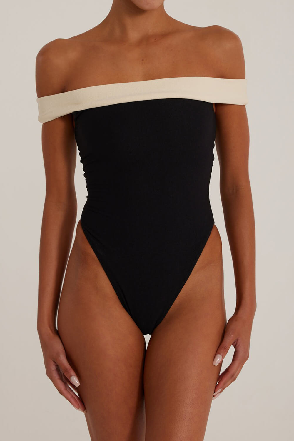 Pharıssa Off Shoulder Color Block Belted Swimsuit