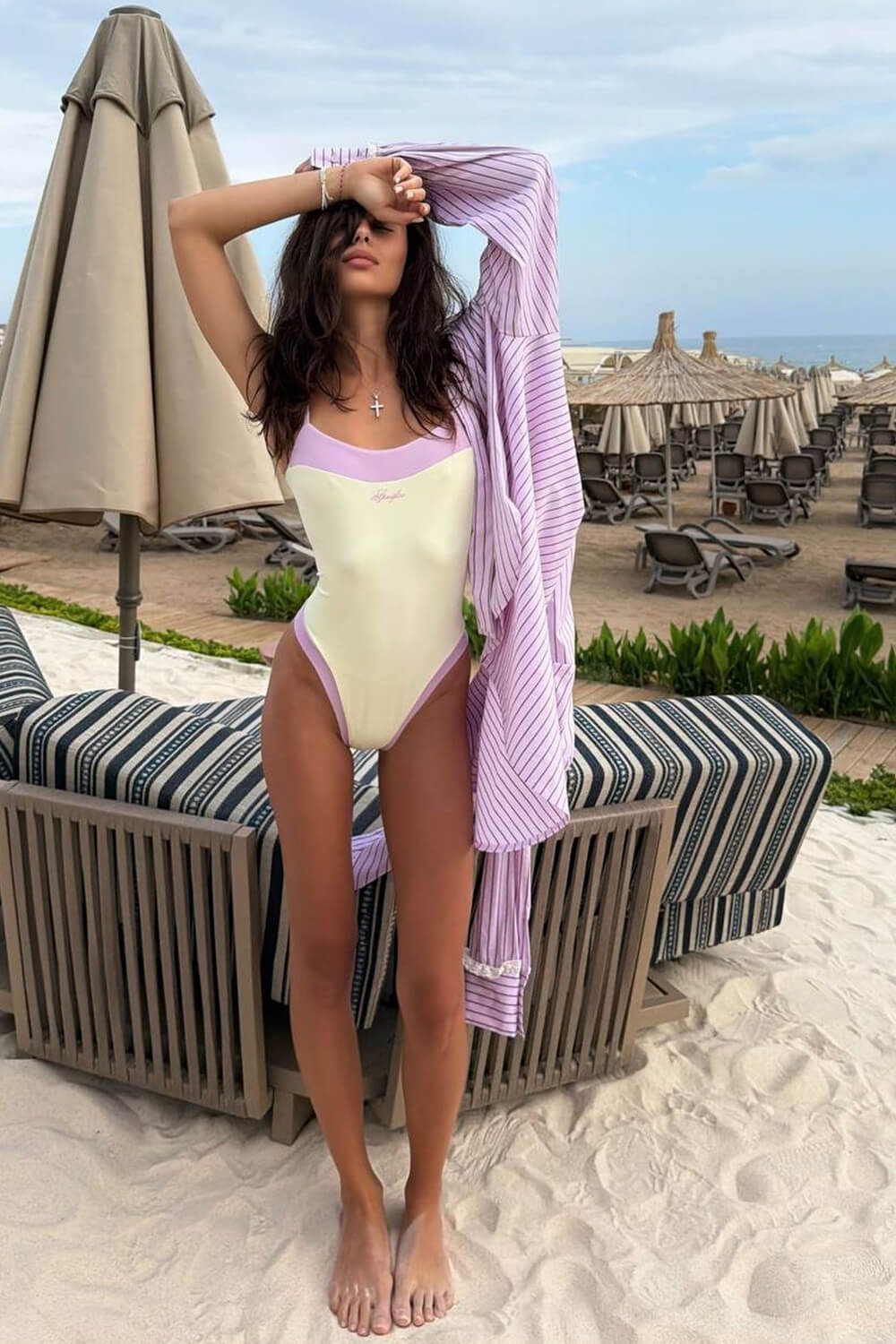 Pharıssa Lilac Color Block Belted One Piece Swimsuit